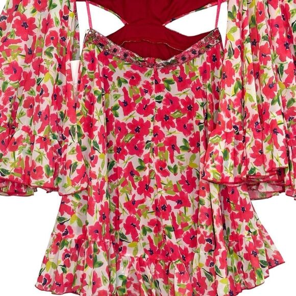 Mac Duggal 9158 Floral Chiffon Bell Sleeve Ruffle Mini Cocktail Dress | Size 2 - Picture 5 of 13